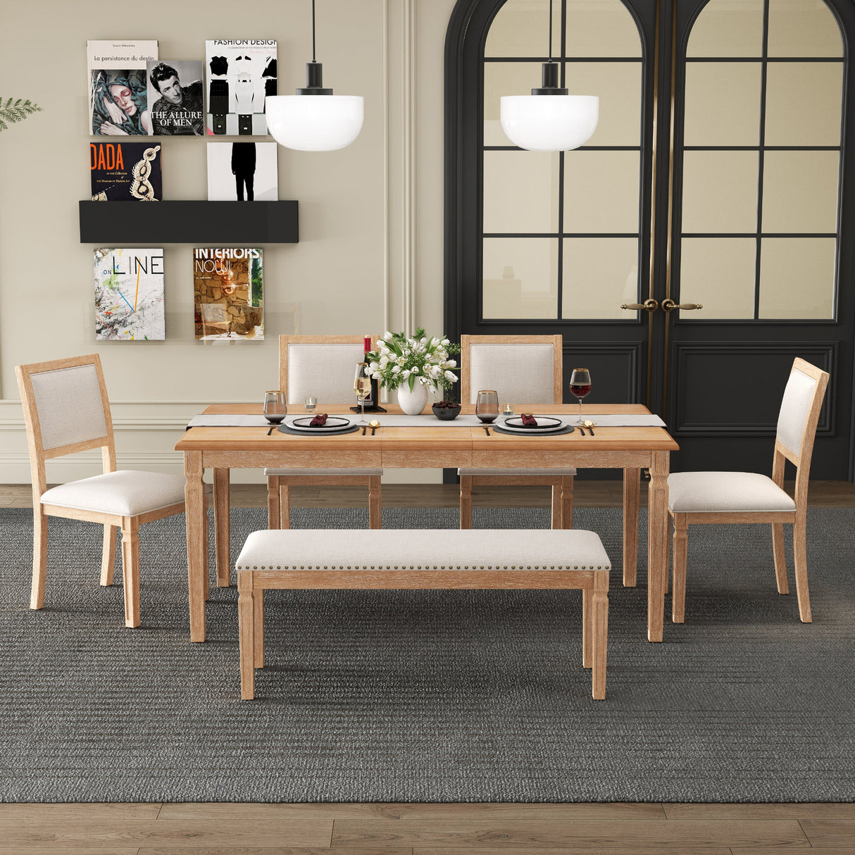 TREXM Vintage Extendable Dining Table Set for 6 with 4 Chairs & Bench, 59 to 72-Inch Rustic Farmhouse Kitchen Table Set with Distressed Finish and Retro Carved Legs (Natural Wood Wash) - sold by Home Elegance USA