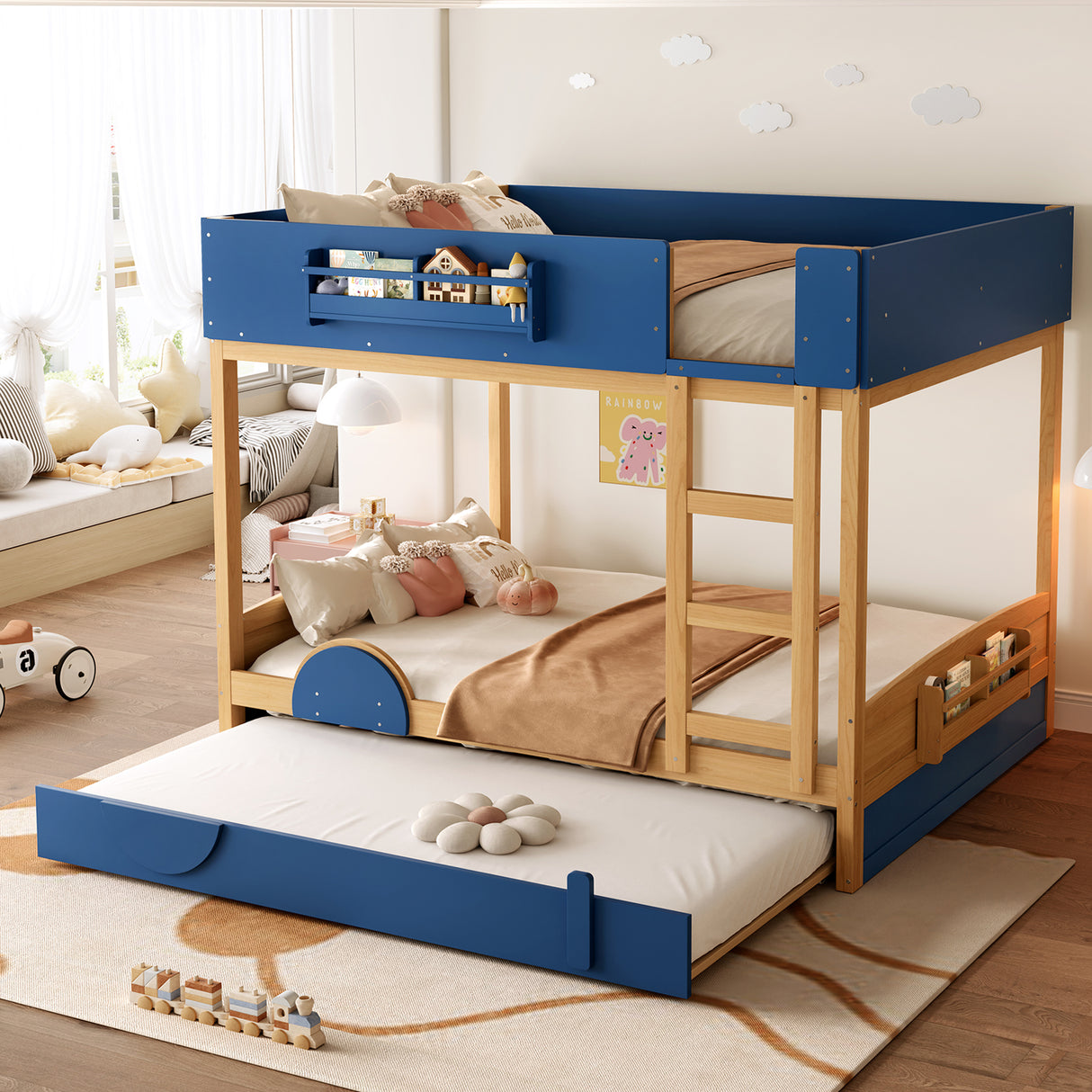 Queen Bunk Bed with Trundle , Wood Bunk Bed Frame with Built-in Bookshelf and High-quality Safety Guardrail,Automobile Form Design for Kids ,Blue&Natural