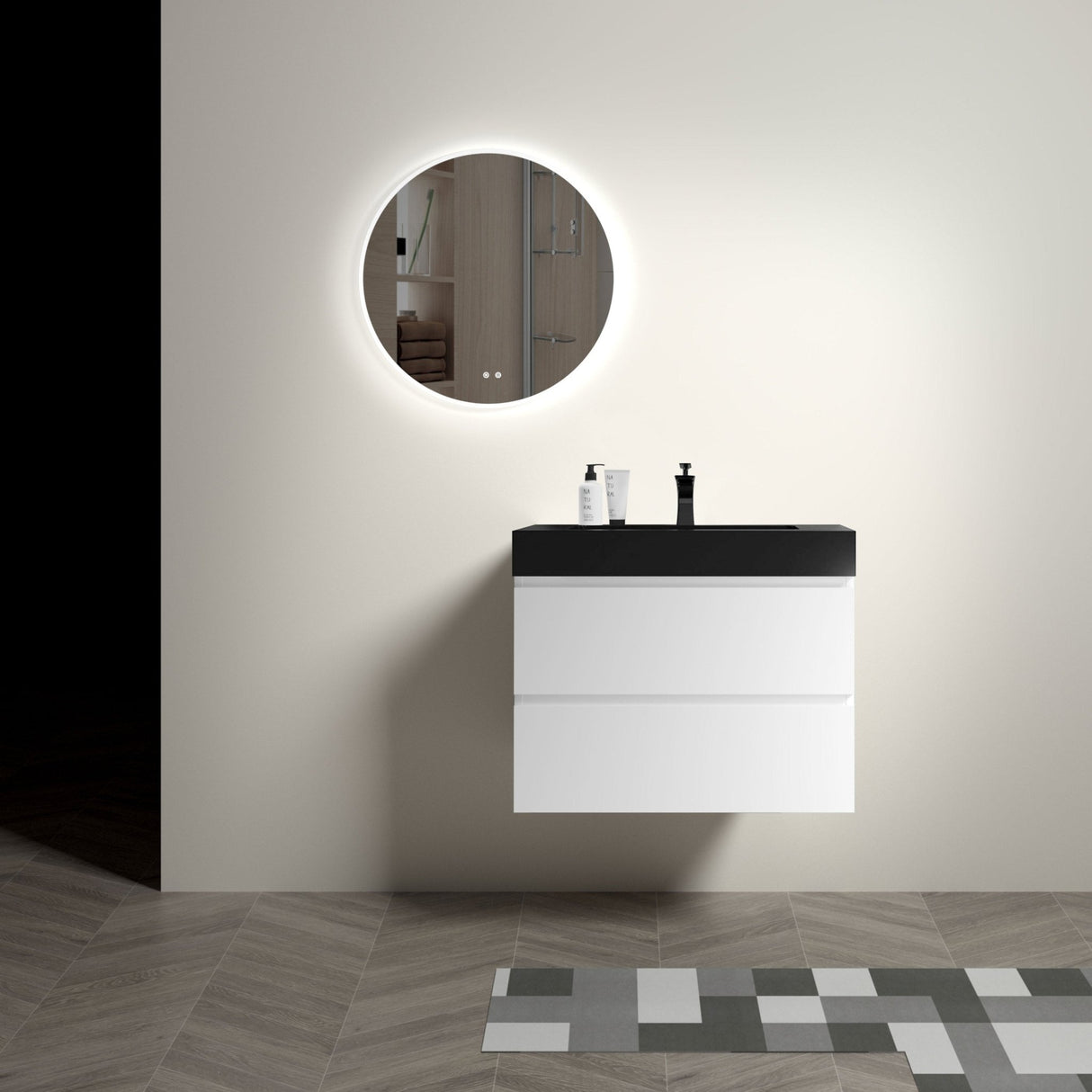 Alice 30 inch White Floating Bathroom Vanity with One - Piece Black Sink and Large Storage | Home Elegance USA