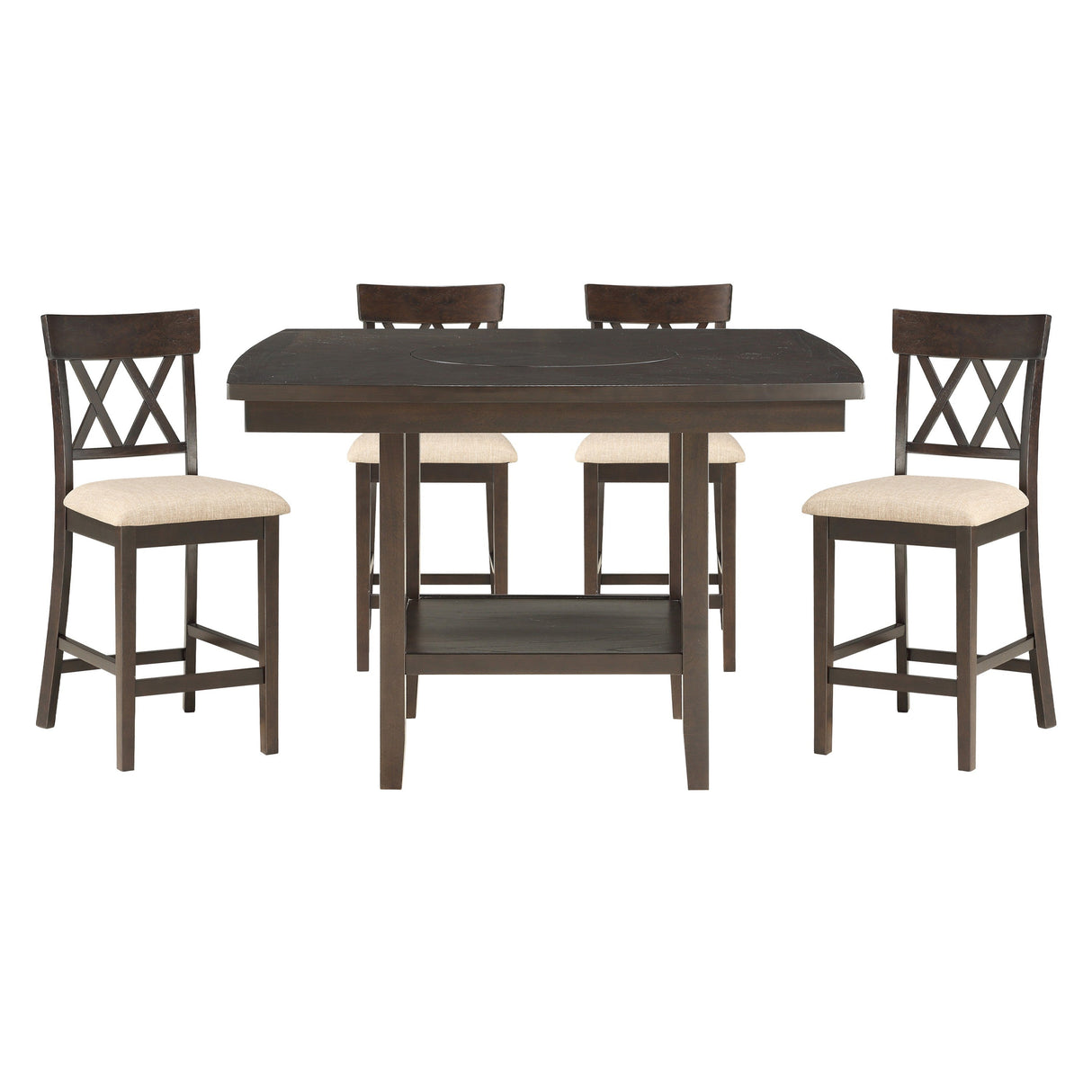 Dark Brown Finish Counter Height Table with Lazy Susan Lower Display Shelf and 4x Counter Height Chairs Contemporary Dining 5pc Set Wooden Furniture - sold by Home Elegance USA