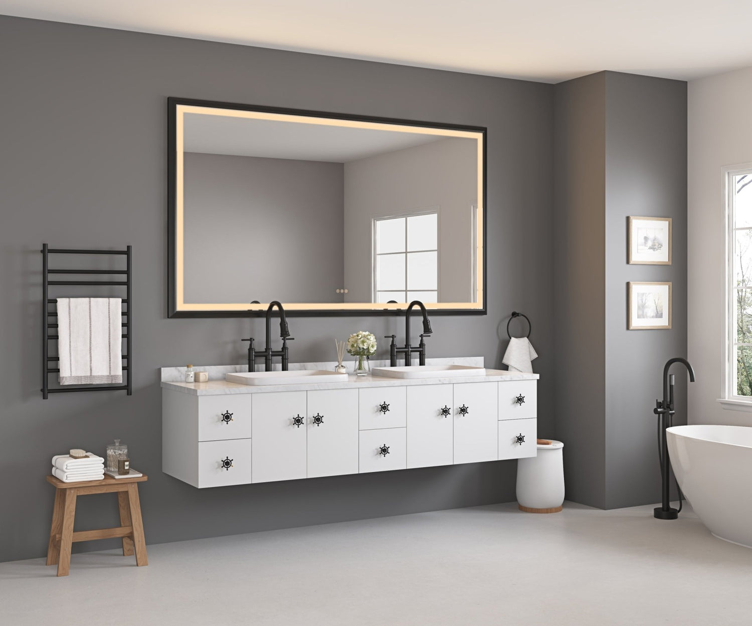 72in. W x 48in. H Oversized Rectangular Black Framed LED Mirror Anti - Fog Dimmable Wall Mount Bathroom Vanity Mirror HD Wall Mirror Kit For Gym And Dance Studio 48X 72Inches With Safety Ba | Home Elegance USA