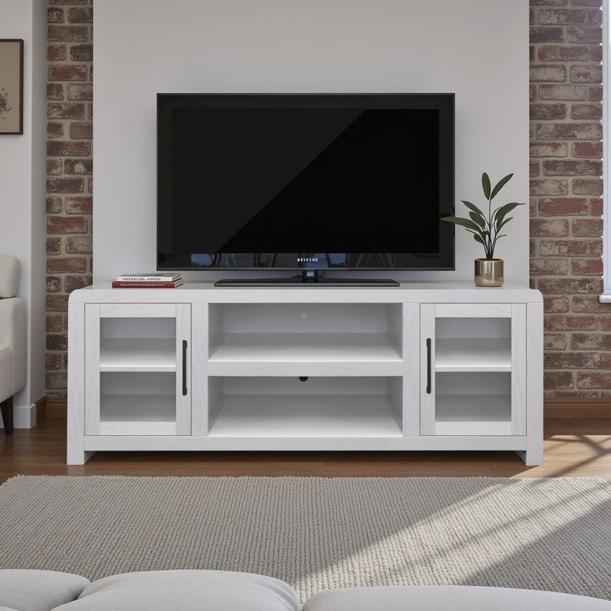 Haven 65 inch TV Stand with Glass Doors, for TVs up to 75 inches, No Assembly Required, White Finish