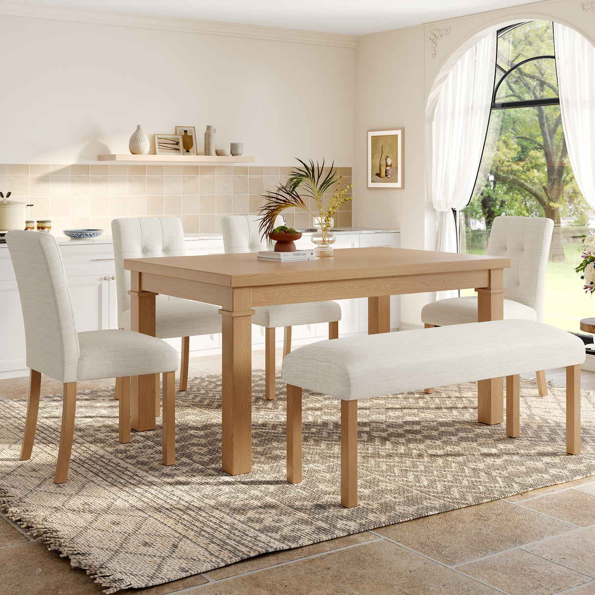 Juego de comedor moderno de 6 piezas, mesa de cocina rectangular con 4 sillas tapizadas y banco, ideal para comedor y sala de estar (fácil montaje, ahorra espacio).