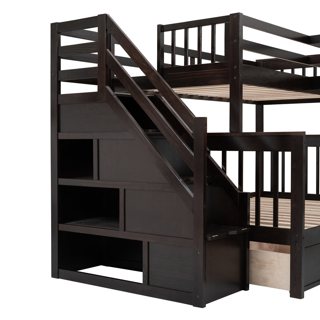 Twin-Twin over Full L-Shaped Bunk Bed With 3 Drawers, Portable Desk and Wardrobe, Espresso(OLD SKU:LT100542AAP) - sold by Home Elegance USA