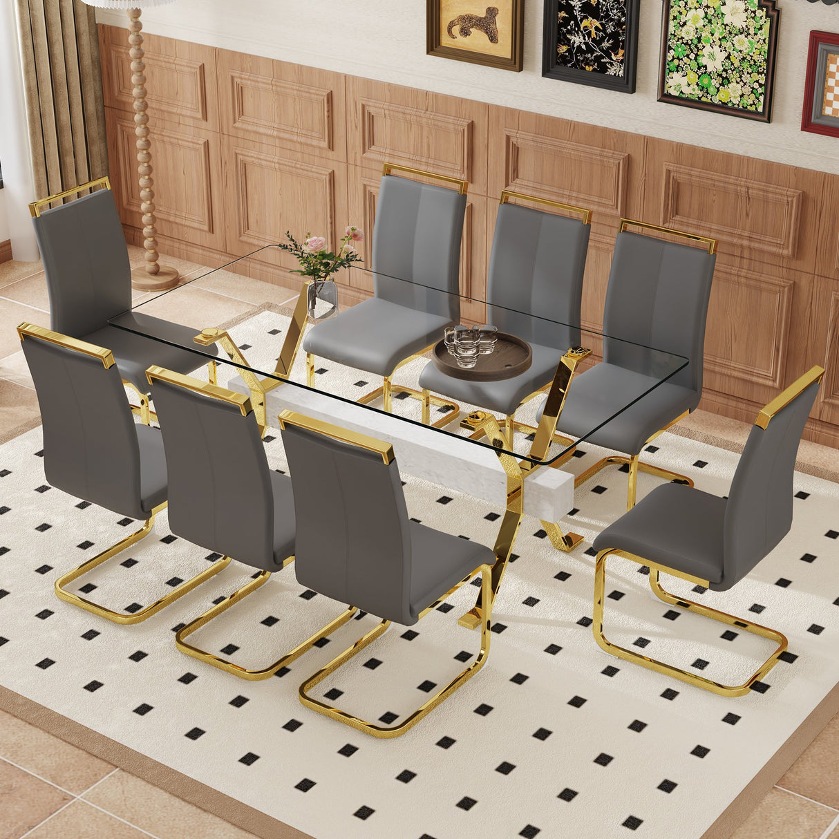 Table and chair set.Elegant Transparent Tempered Glass Dining Set - 71'x35.4' with 8 Dark Gray PU Chairs with golden C-tube metal leg. - sold by Home Elegance USA