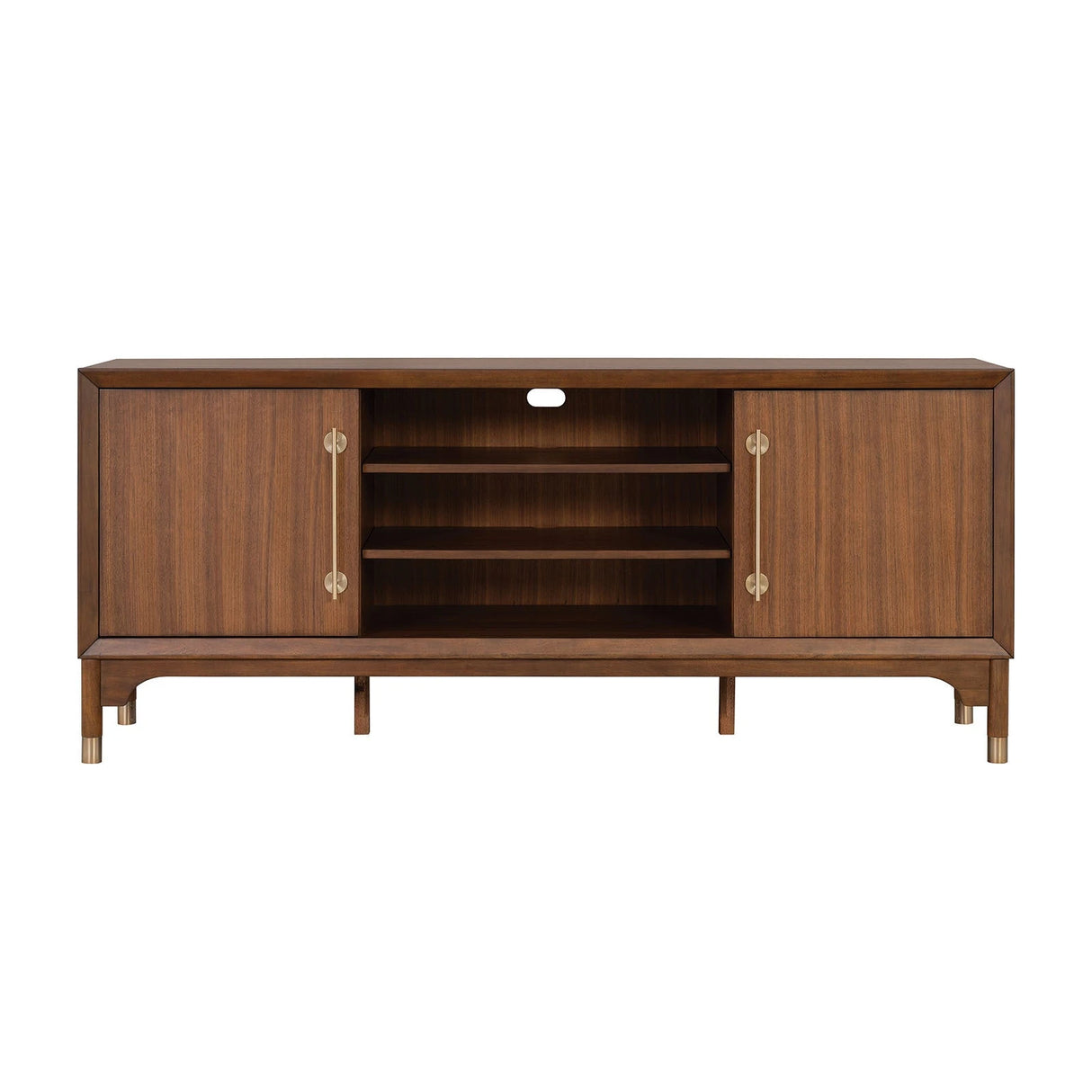 Mid-Century Modern TV Stand Gold Capped Legs Adjustable Shelves Walnut Finish - sold by Home Elegance USA
