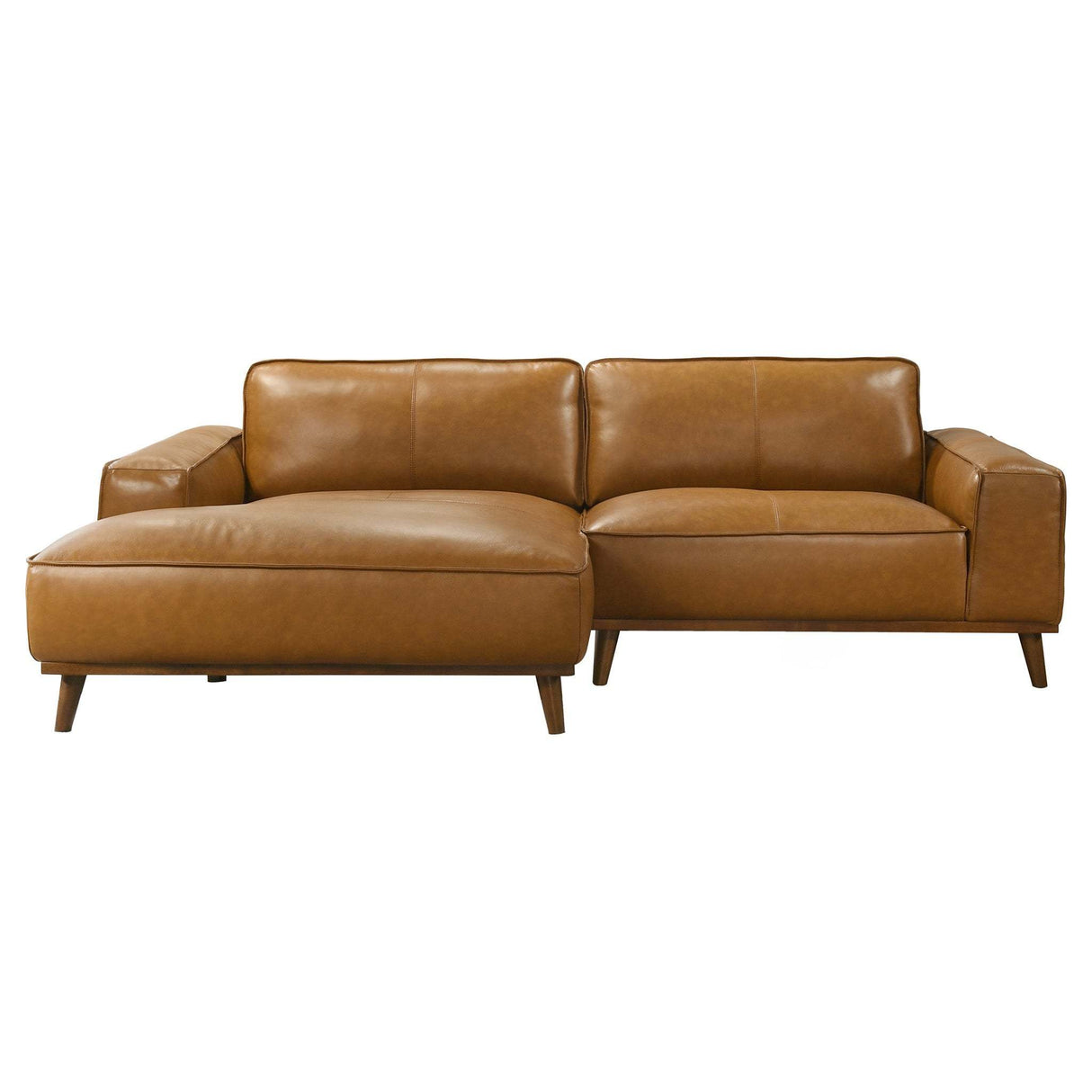 Kerrville Tan Leather Left Sectional Sofa with Mid-Century Modern Design, Genuine Leather Upholstery, Walnut-Finished Wood Legs, 98-Inch L-Shaped Layout