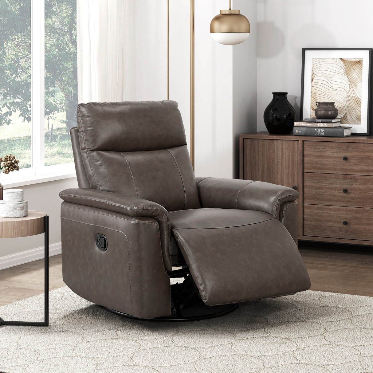 Luxury Comfort Premium Leather Recliner 1pc Dark Brown Upholstery Gentle Gliding Swivel Motion Living Room Furniture