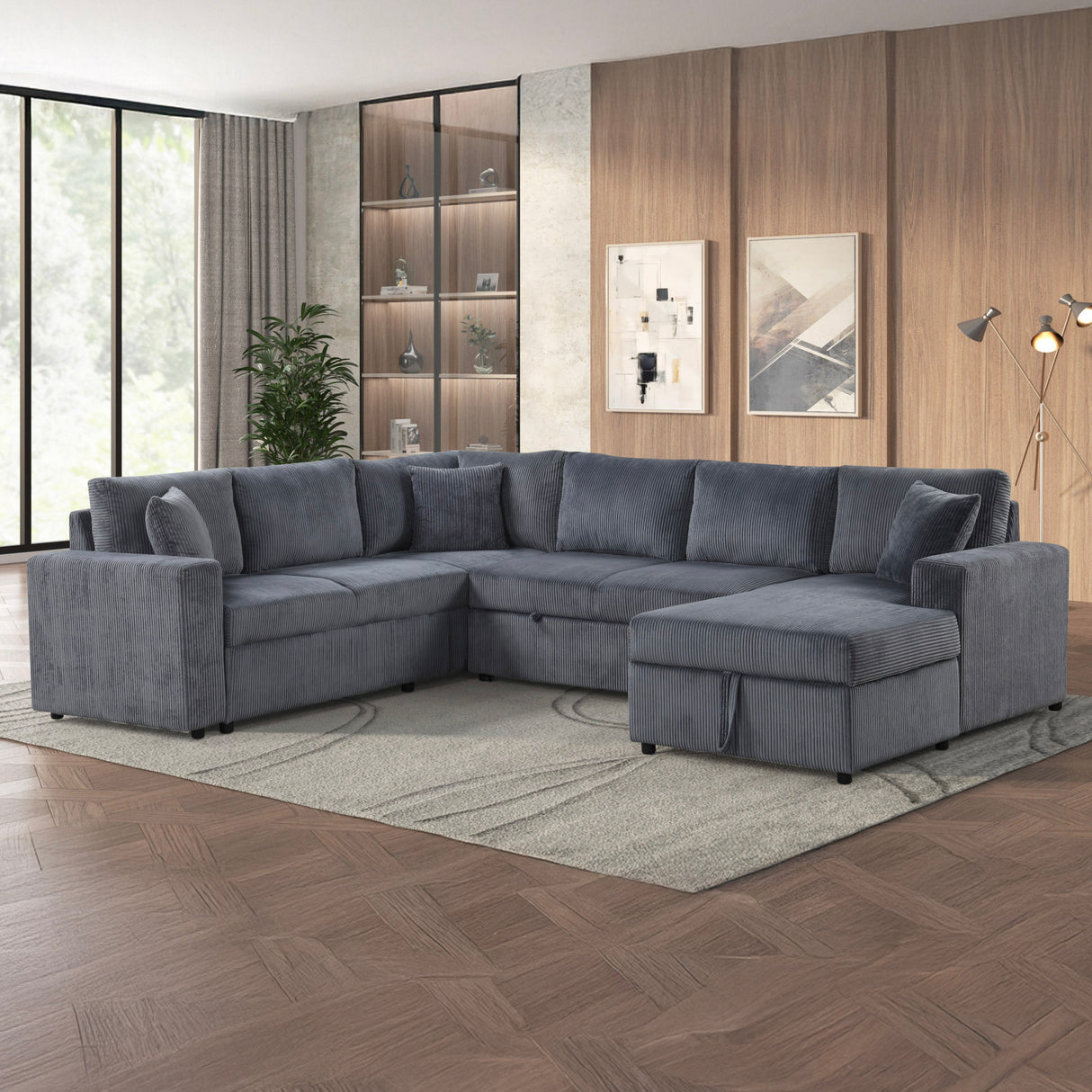 Ruxley 123'W Gray Corduroy Sleeper Sectional Sofa with Right-Facing Storage Chaise and Throw Pillows