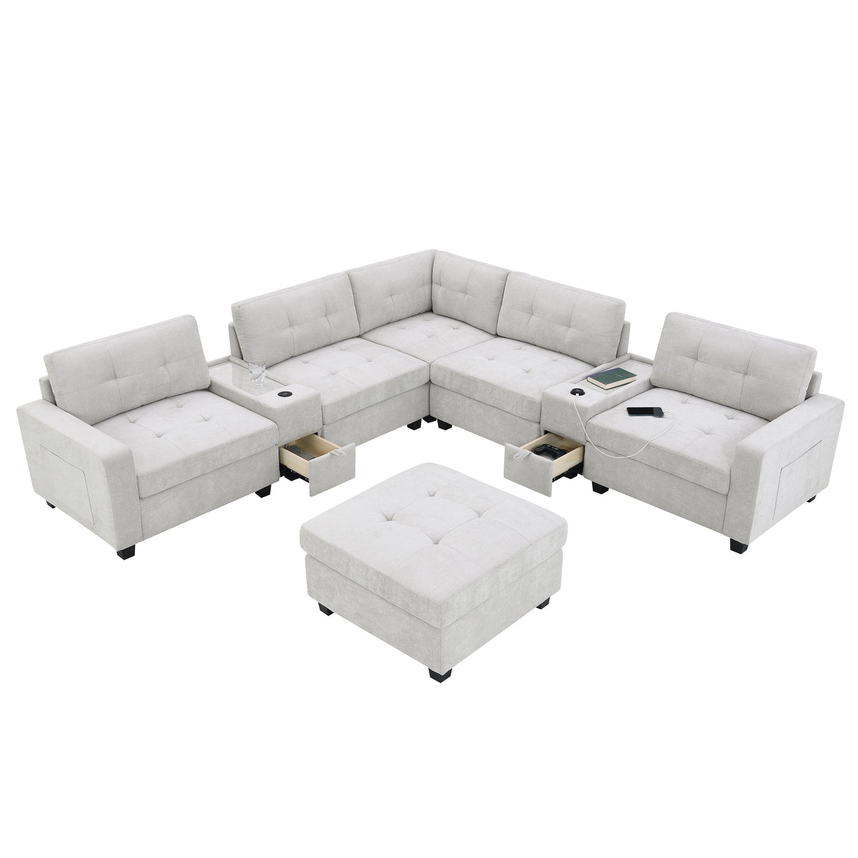 Chenille U Shaped Sectional Sofa with Acrylic Table Top, USB Charger, Storage Drawers, Pockets and Movable Ottoman - sold by Home Elegance USA