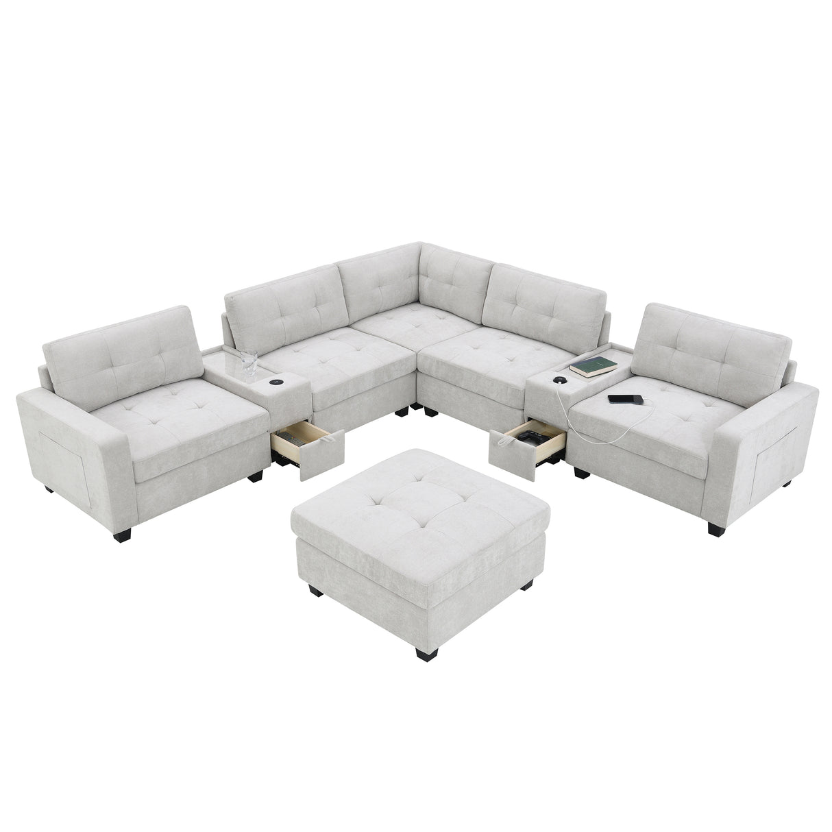 Chenille U Shaped Sectional Sofa with Acrylic Table Top, USB Charger, Storage Drawers, Pockets and Movable Ottoman