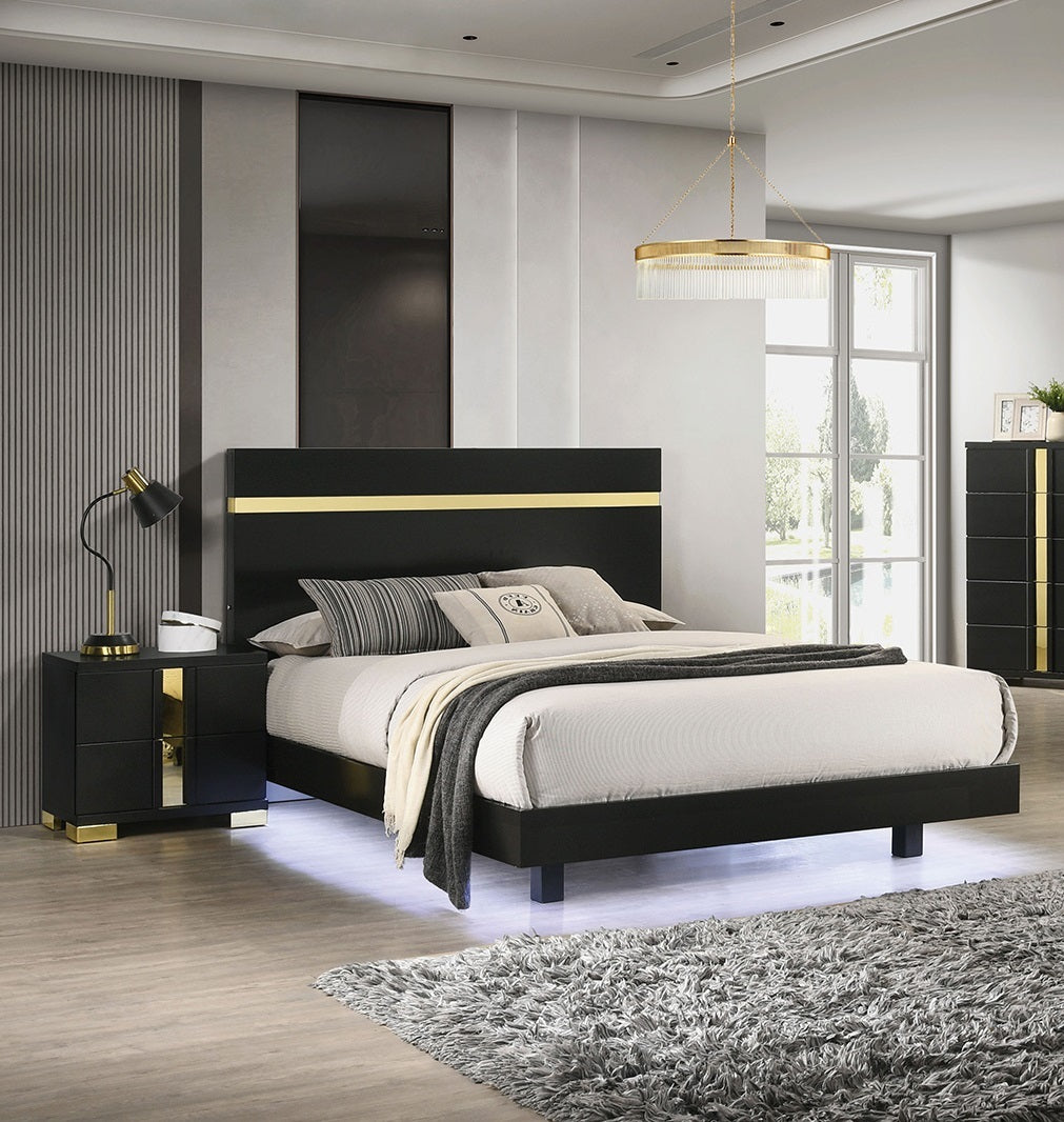 Modern Black 3pc Bedroom Set Eastern King Size Bed w LED 2x Nightstands Mattress Ready Furniture Acrylic Trim