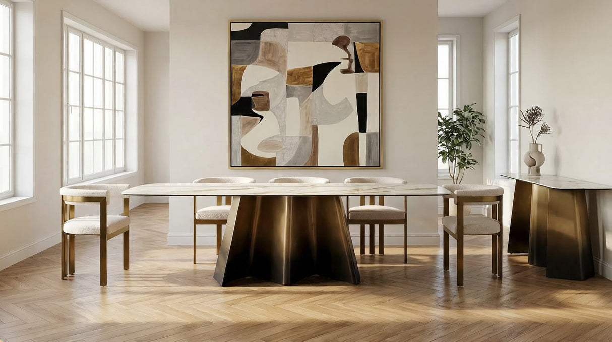 Clifford - Contemporary White Ceramic + Brushed Bronze Dining Table - View Image 1