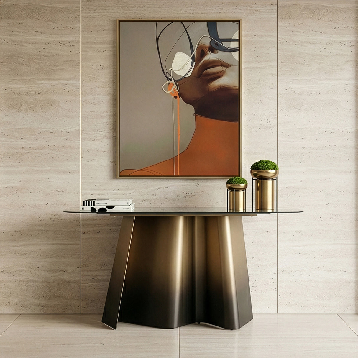 Clifford - Contemporary White Ceramic + Brushed Bronze Console Table - View Image 1