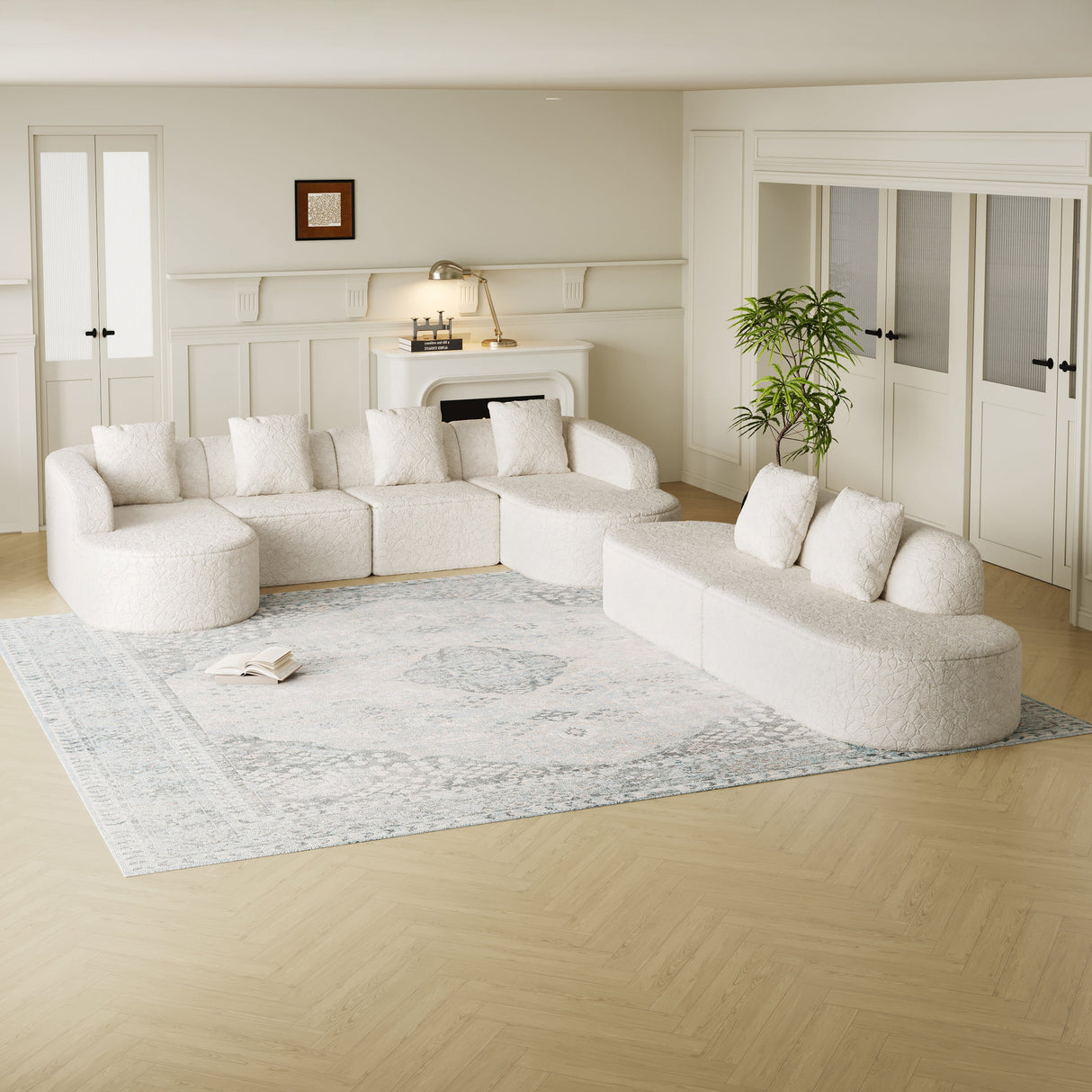 111.8-inch L-shaped curved modular sofa, modern design featuring lychee-textured long-pile polyester fabric, curved backrest with three pillows