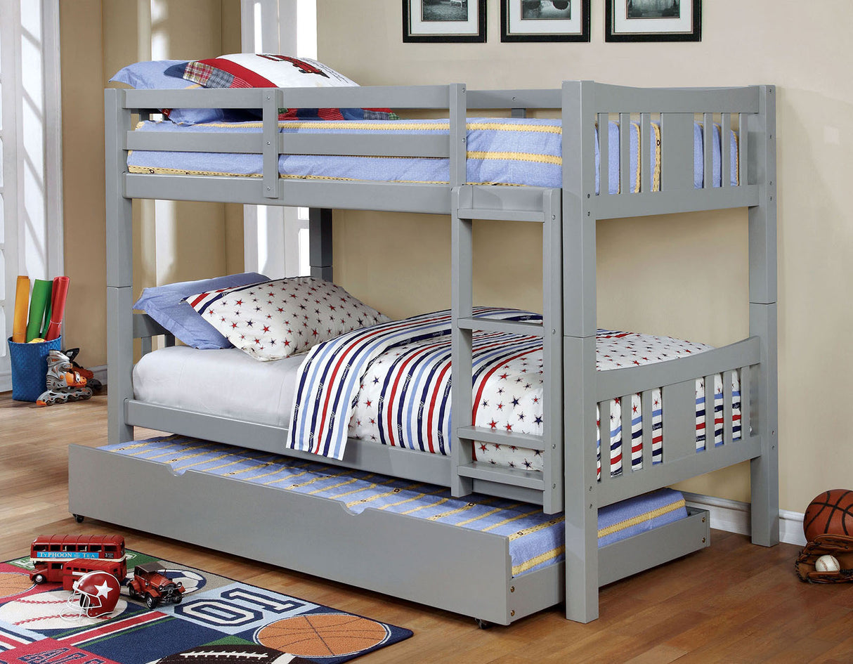 Transitional Style Wooden Bunk Bed Twin Over Twin Gray Finish Attached Footboard Ladder Rails And Lock Joint Trundle-Not Included