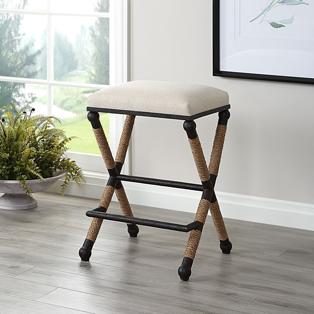 Firth Rustic Counter Stool Oatmeal - White / Light Brown by Uttermost - View 2