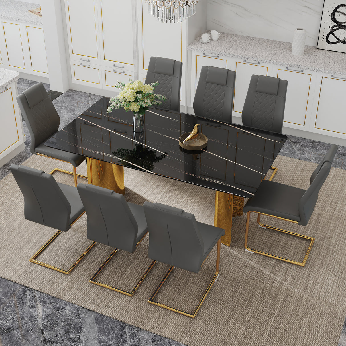 Table and chair set.The table has a glass tabletop with imitation marble pattern stickers and stainless steel golden legs. Paried with 8 comfortable chairs with PU seats and metal legs.W1151S01516