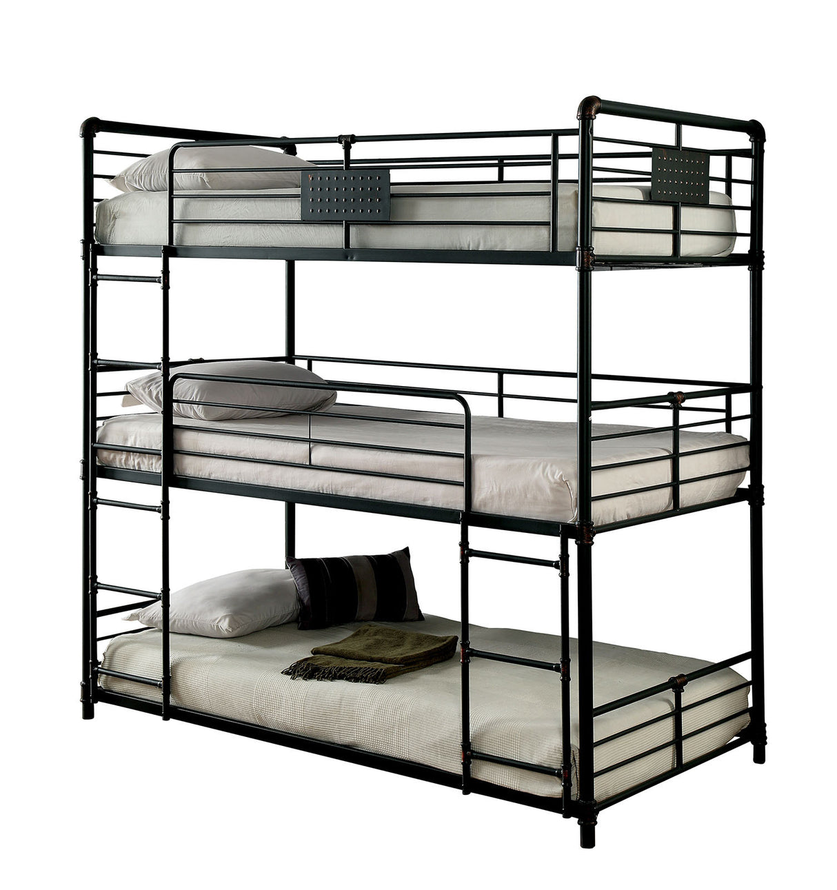 Twin Over Twin Over Twin Bunk Bed Industrial Style Metal Structure Attached Dual Ladder Upper Guard Rails Pipe Framework Antique Black Finish - sold by Home Elegance USA