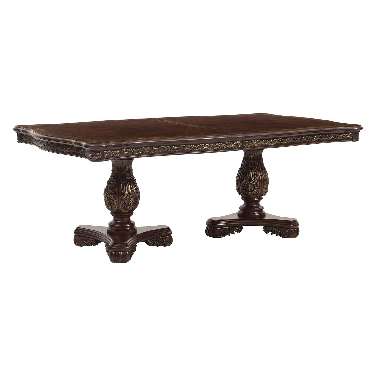 Decorative wooden table with intricate carvings on a white background