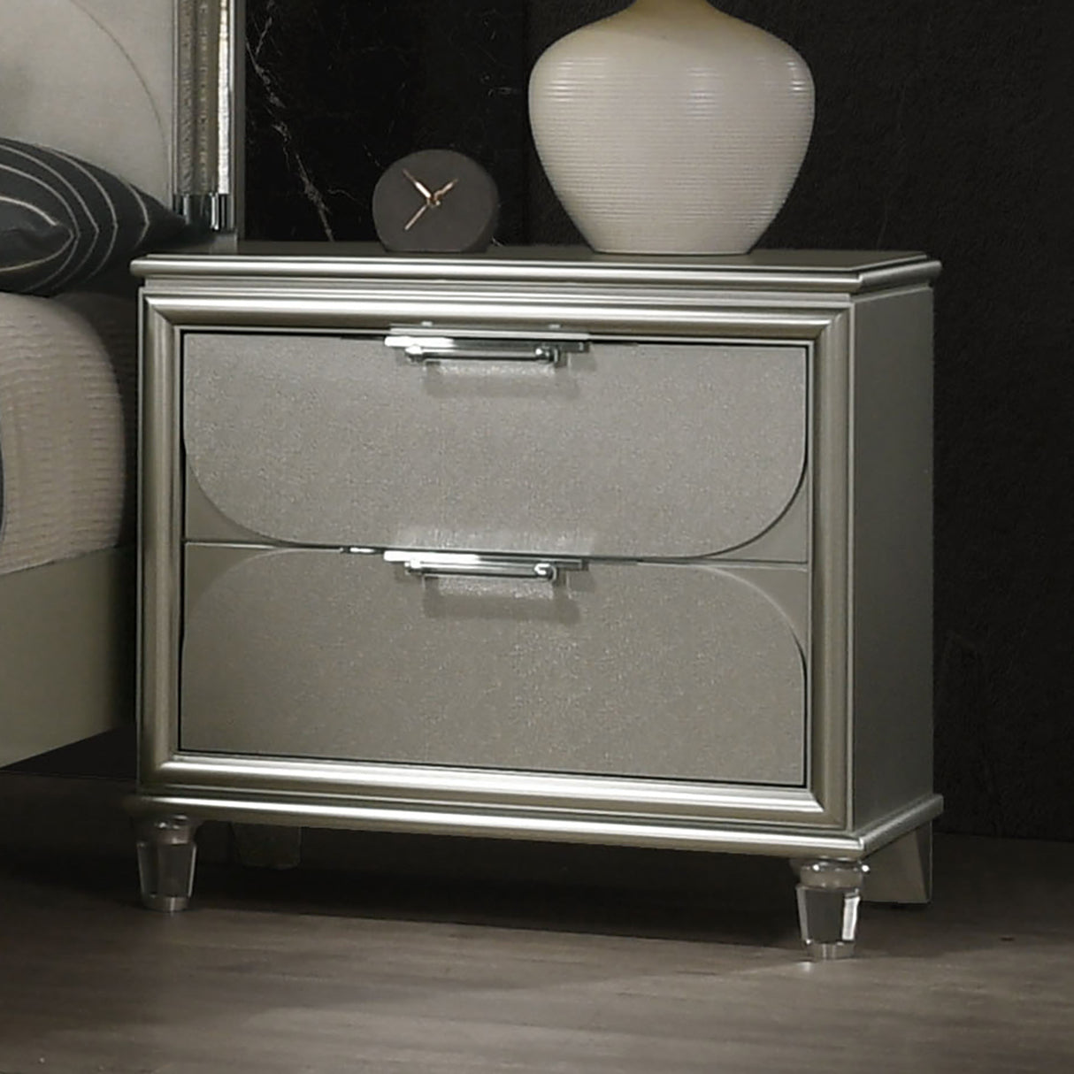 Contemporary Silver 1pc Nightstand Acrylic Handles Embossed Panels English Dovetails 2-Drawers Bedside Table