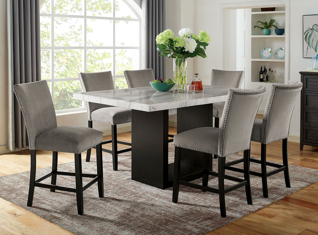 Genuine Marble Top Table w 6x High Chairs Light Gray Flannelette Upholstered Chair Counter Height Dining Room 7pc Set Furniture - sold by Home Elegance USA