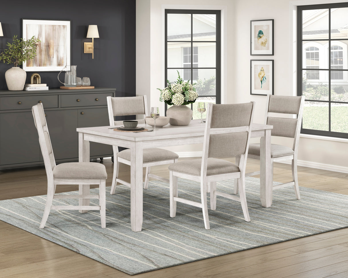Modern Farmhouse 5pc Dining Set Table and 4 Side Chairs Upholstered Antique White Finish Durable Wooden Furniture