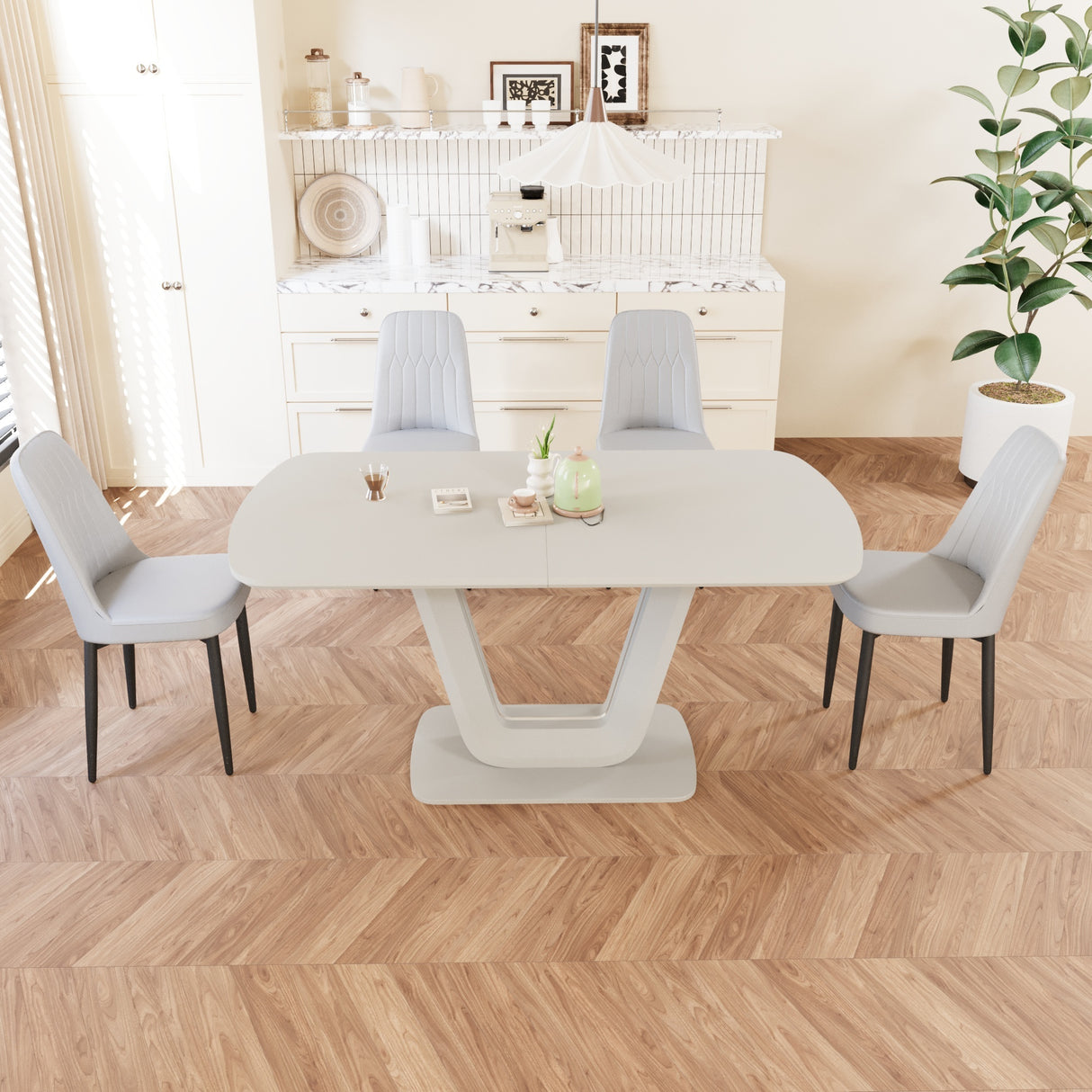 Juego de mesa de comedor expandible de 62,99 a 78,74 pies para 2 a 8 personas, equipado con 4 sillas de comedor acolchadas gruesas de tela de PU y una espaciosa mesa de comedor, mesa de cocina y sillas, con patas de mesa en forma de U