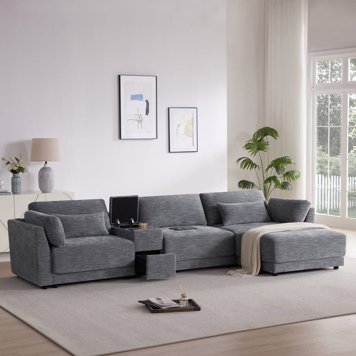 124'' L-Shaped Sectional Sofa with Multi-Functional Storage Console, Wired&Wireless Charger, Movable Ottoman, Wider&Thicker Cushion, Free Combination for Living Room&Apartment, Chenille - sold by Home Elegance USA