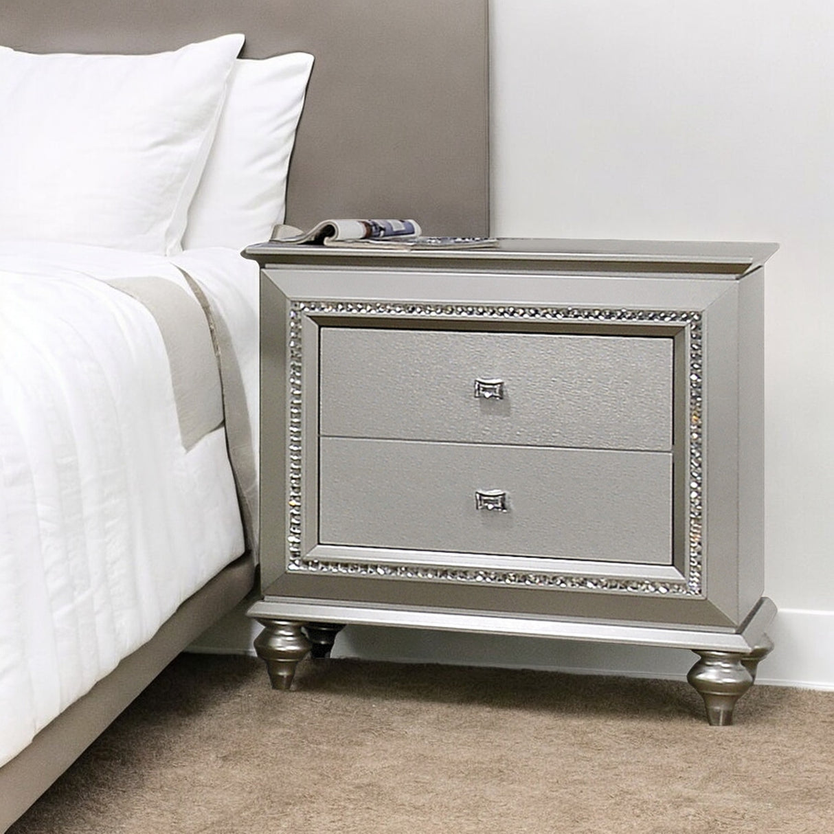 Champagne 2-Drawer Nightstand with Sparkling Trim