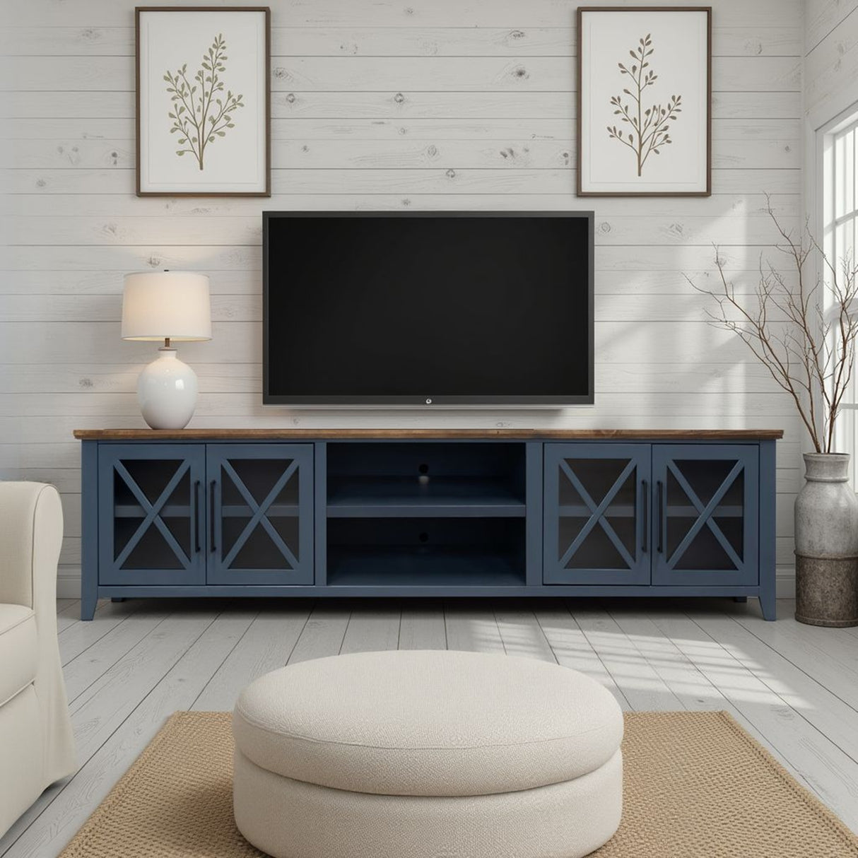 Consola para TV Ithaca de 96 pulgadas, para televisores de hasta 100 pulgadas, no requiere ensamblaje, acabado azul y bourbon