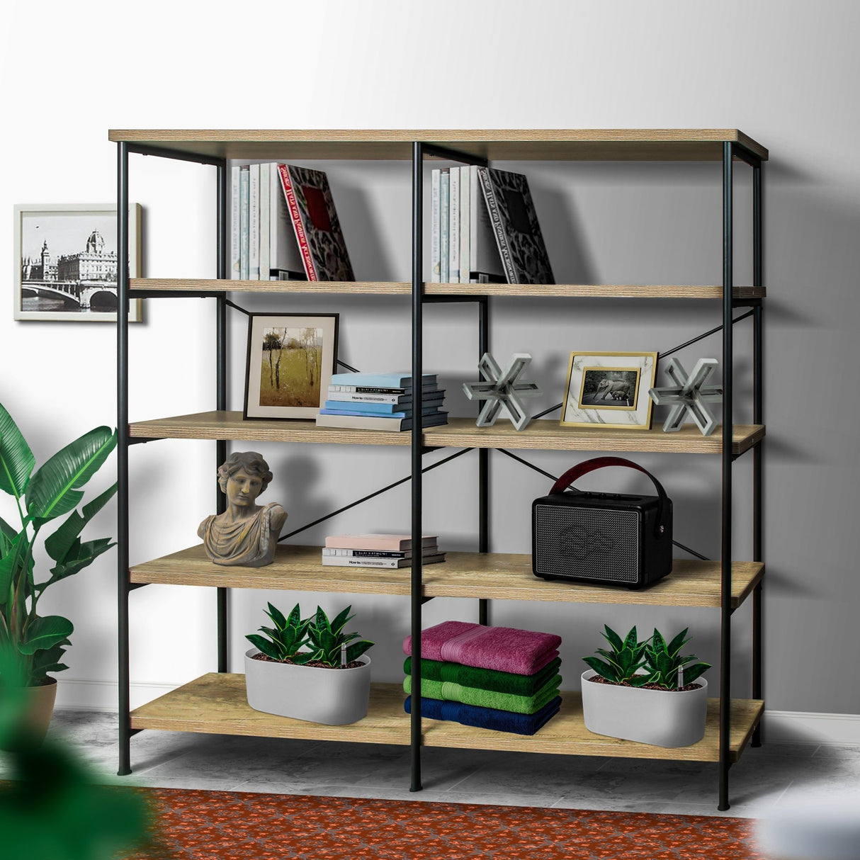 63 Inch Industrial 4 Tier Bookshelf, Particleboard, Metal Frame, Gray, Black | Home Elegance USA