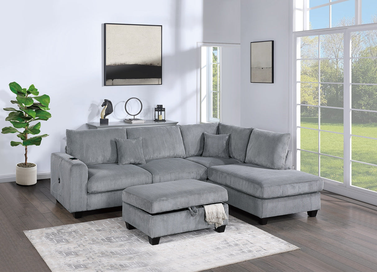 Contemporary 3pc Sectional Set Fog Color Corduroy Couch LAF Sofa RAF Chaise Ottoman L-Sectional Living Room - sold by Home Elegance USA