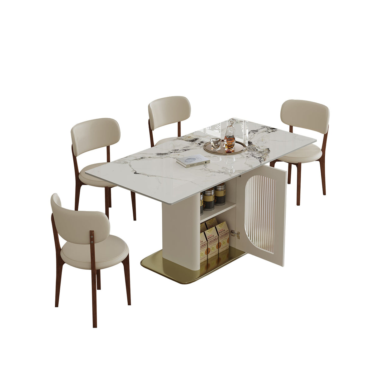 Modern 63' 4-6 Person Dining Table Set with Storage, Burnt Stone Top & Gold Solid Wood Base, Includes 4 White PU Chairs for Kitchen, Apartment - sold by Home Elegance USA