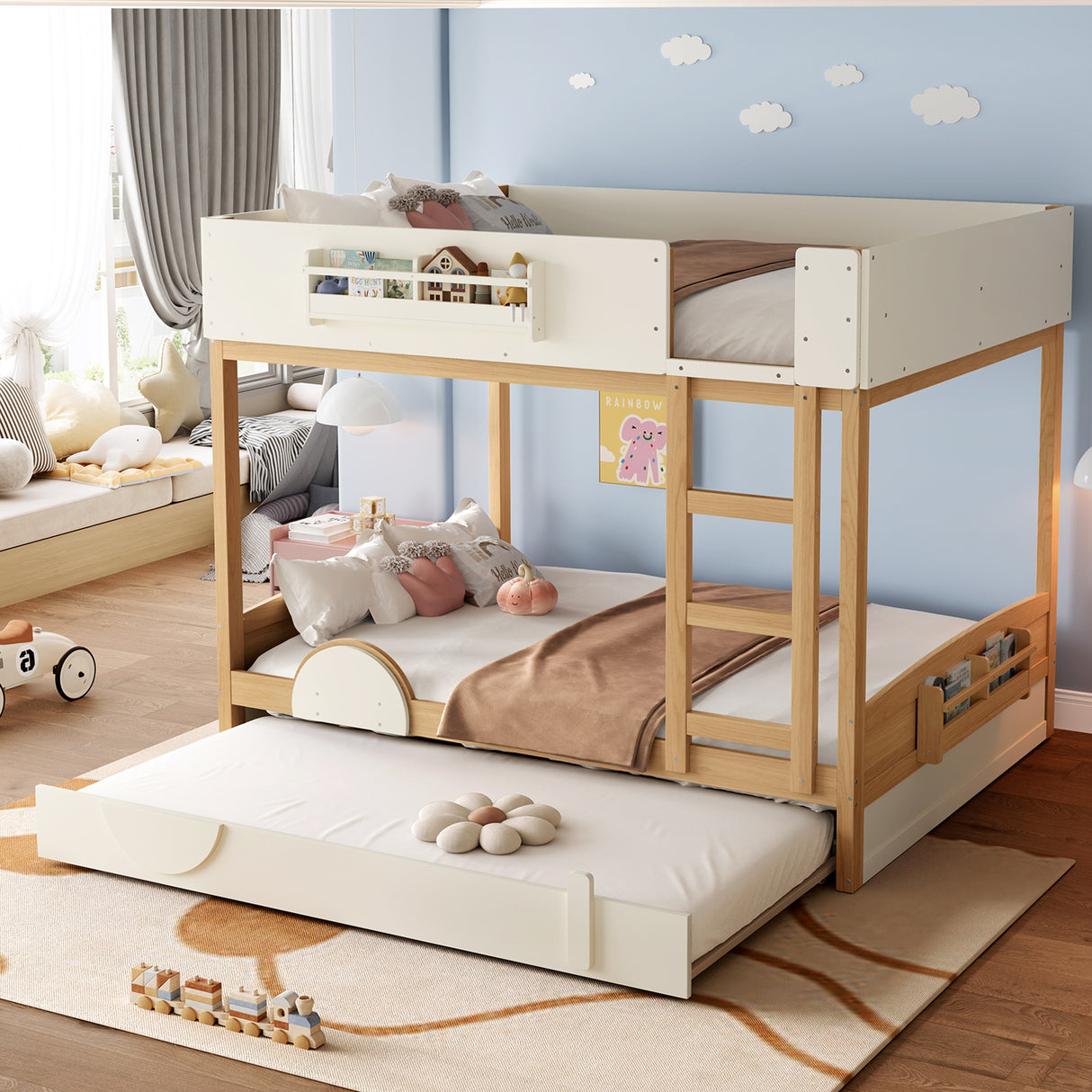 Queen Bunk Bed with Trundle , Wood Bunk Bed Frame with Built-in Bookshelf and High-quality Safety Guardrail,Automobile Form Design for Kids,Natural&Beige