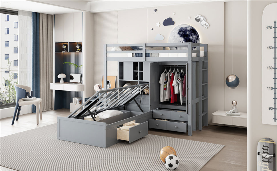 Twin Bunk Bed with Drawers, Wardrobe, Storage Shelves and Hydraulic Bed,Gray - sold by Home Elegance USA