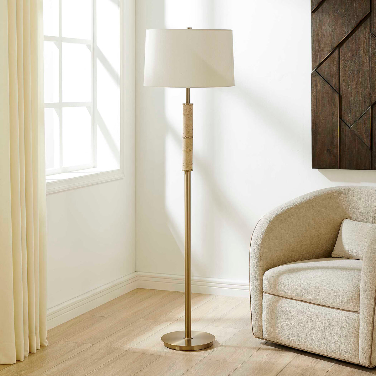 Verlaine Travertine Floor Lamp Brass,Gold - Beige by Uttermost - View 4