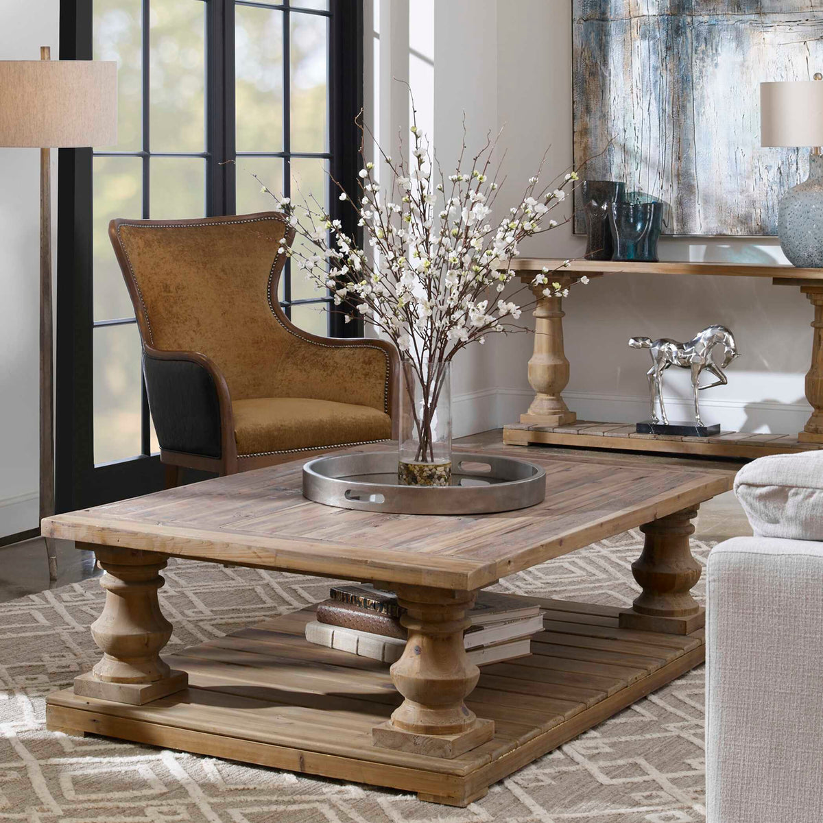 Quince Blossoms Silk Centerpiece, Plant In A Clear Glass Vase - Dark Brown / White by Uttermost - View 6