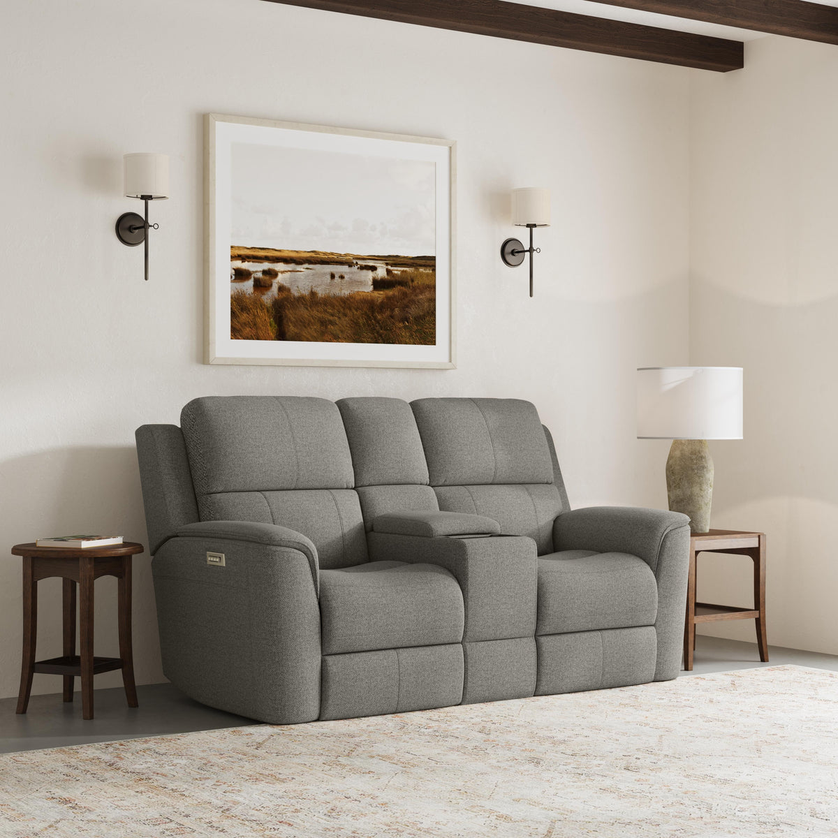 Henry Power Reclining Loveseat With Console & Power Headrests & Lumbar - Fog | Flexsteel
