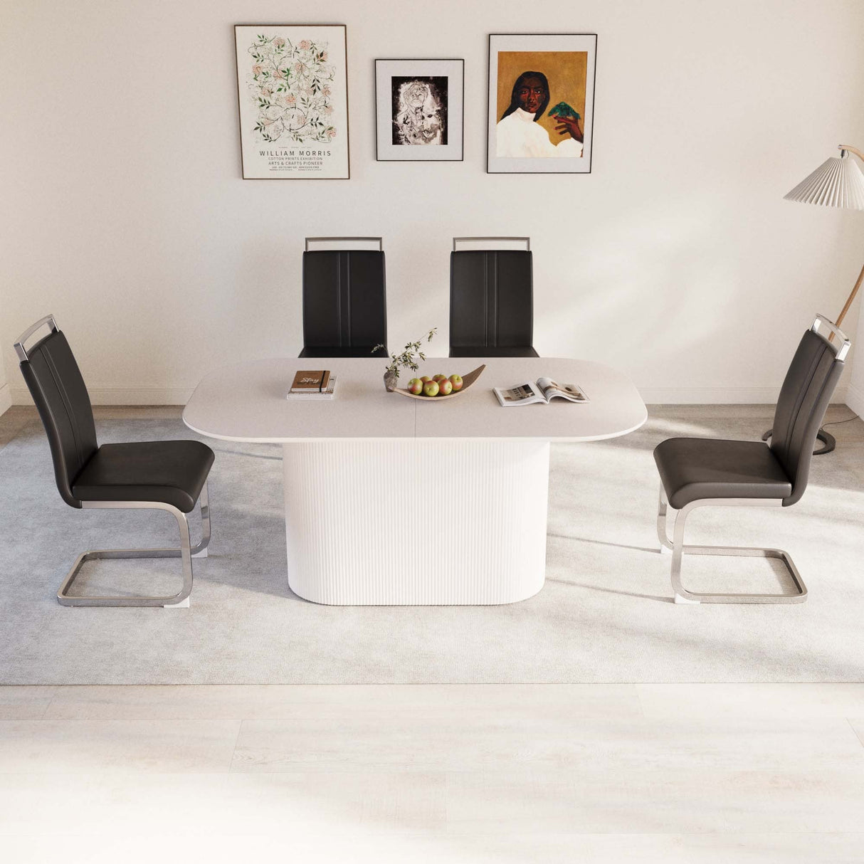 63 'medieval modern cream style MDF dining table and PU armless dining chair set 4. Assemble Desktop and Silver plated metal leg dining chair set, suitable for home&kitchen - sold by Home Elegance USA