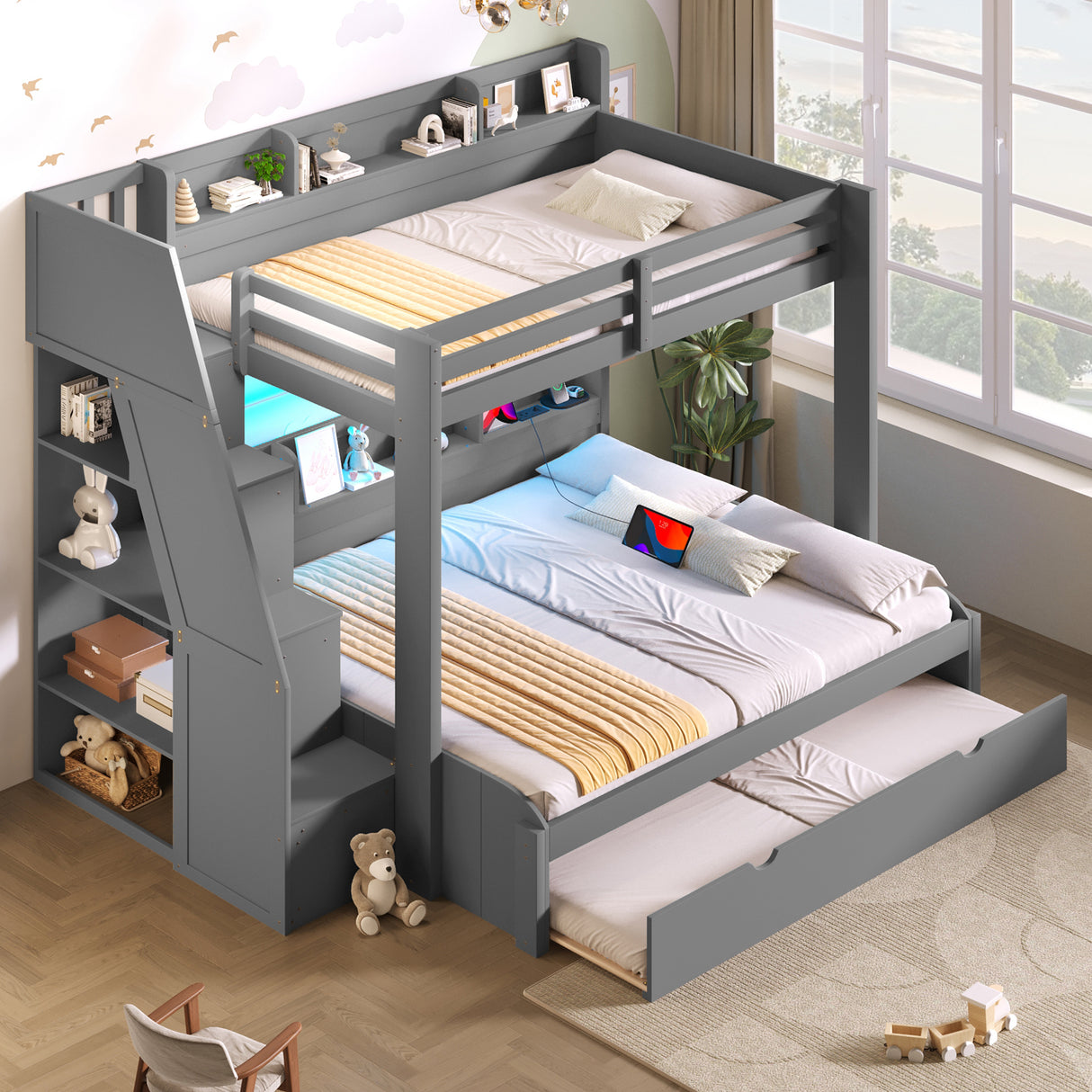 Twin over Full Bunk Bed with Storage Staircase, Trundle, Storage Shelves, LED and USB, Grey