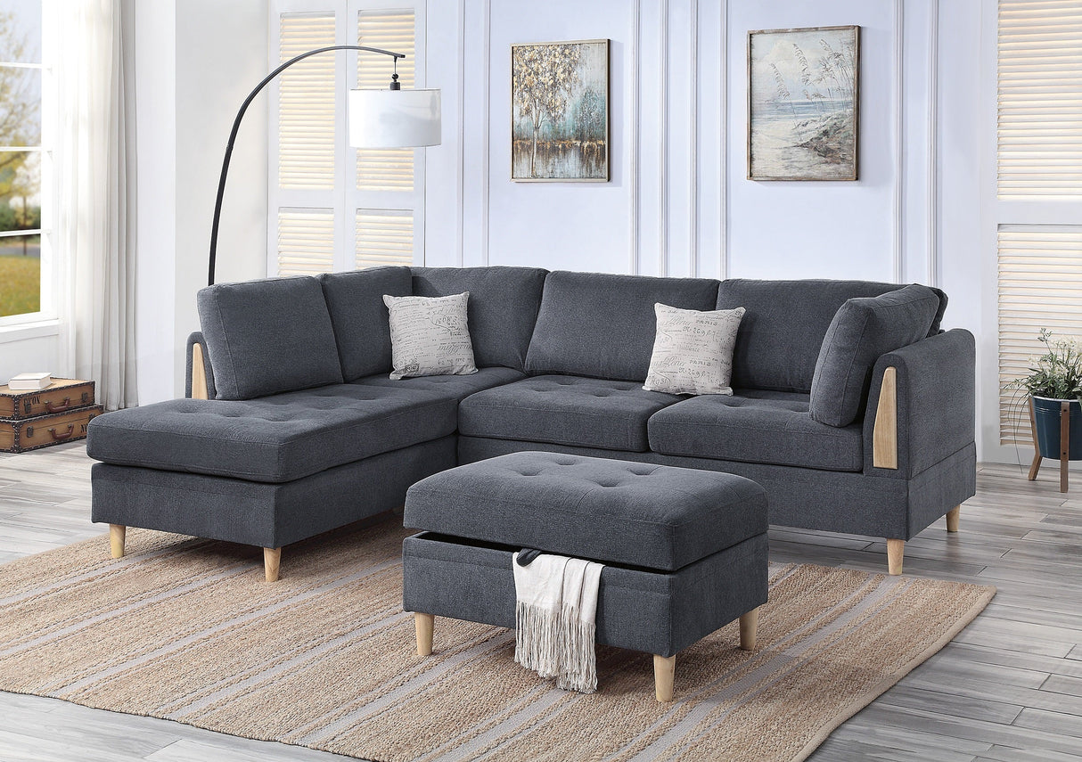 3-PCS Reversible Sectional Set Living Room Furniture Charcoal Color Chenille Couch Sofa, Reversible Chaise Ottoman - sold by Home Elegance USA