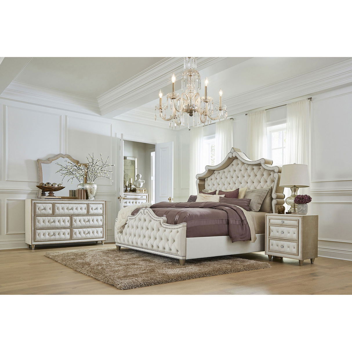 Justine Ivory and Camel 5-piece Upholstered Bedroom Set