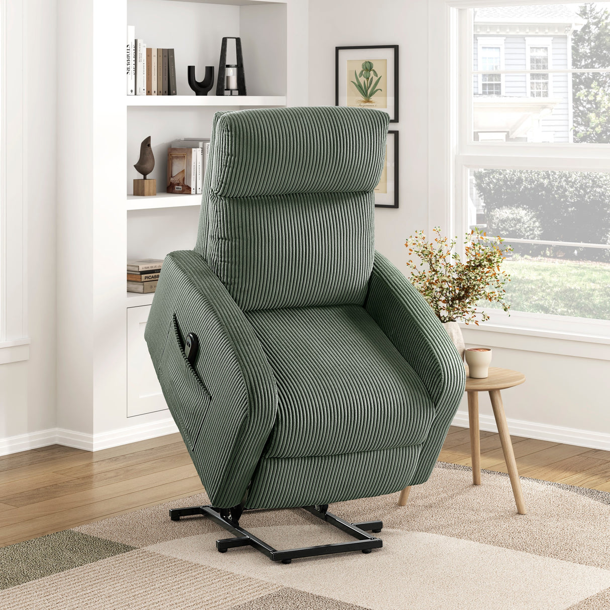 Contemporary Power Lift Chair Recliner 1pc Green Plush Corduroy Upholstery Comfort Side Pocket Plywood Living Room Furniture