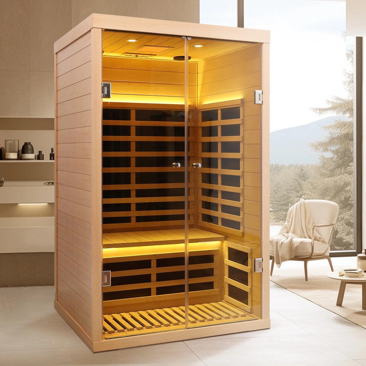 Luxury Two-Person Hemlock Far Infrared Sauna with Double Glass Doors - sold by Home Elegance USA
