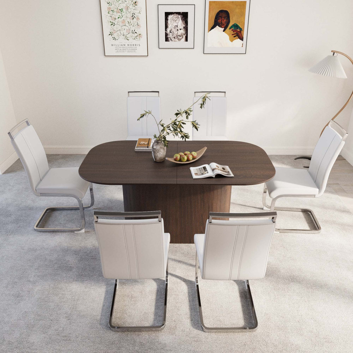 63 'medieval modern brown style MDF dining table and PU armless dining chair set 6. Assemble Desktop and Silver plated metal leg dining chair set, suitable for home&kitchen - sold by Home Elegance USA