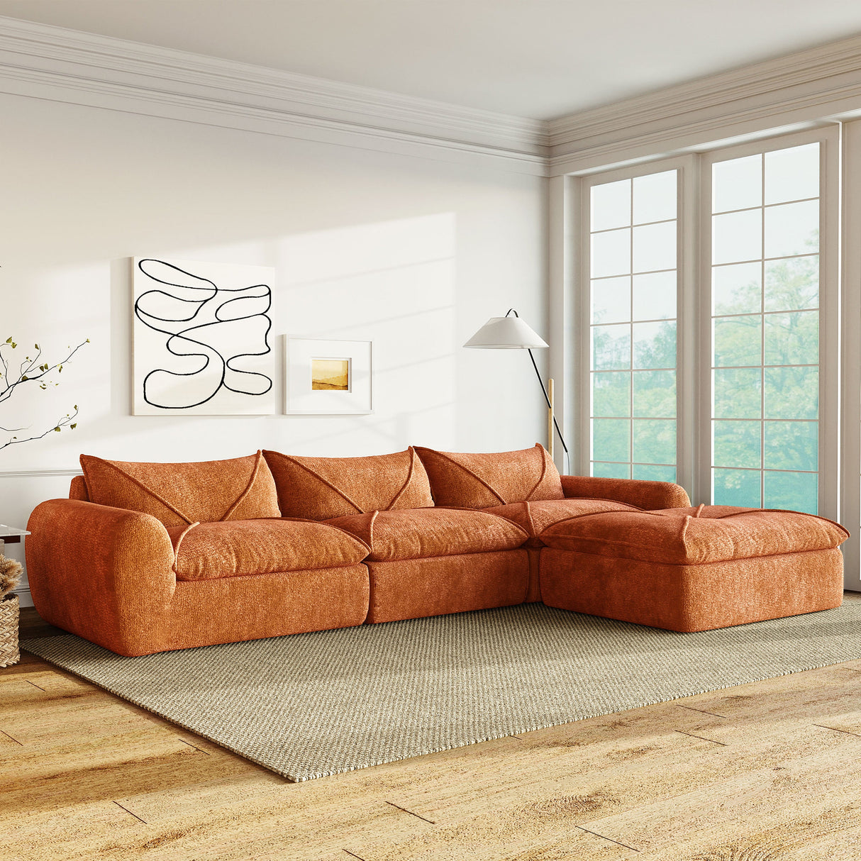 116'' Fully Compressed Sofa with High Density Foam, Integrated Backrest&Seat Cushion, Decorative Edging, Legless Design without Frame, No Assembly Required, Free Combination, Particle Chenille - sold by Home Elegance USA