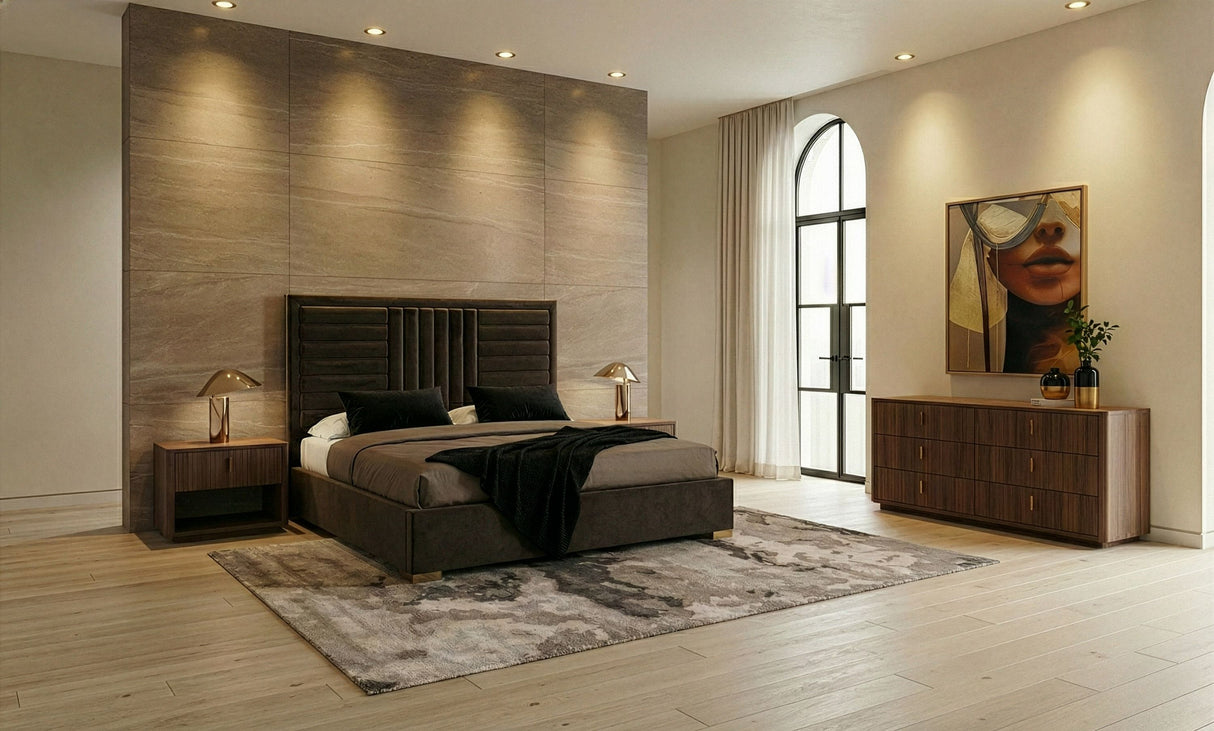 Queen Daystar + Roma - Modern Dark Brown Velvet + Walnut 4-Piece Bedroom Set