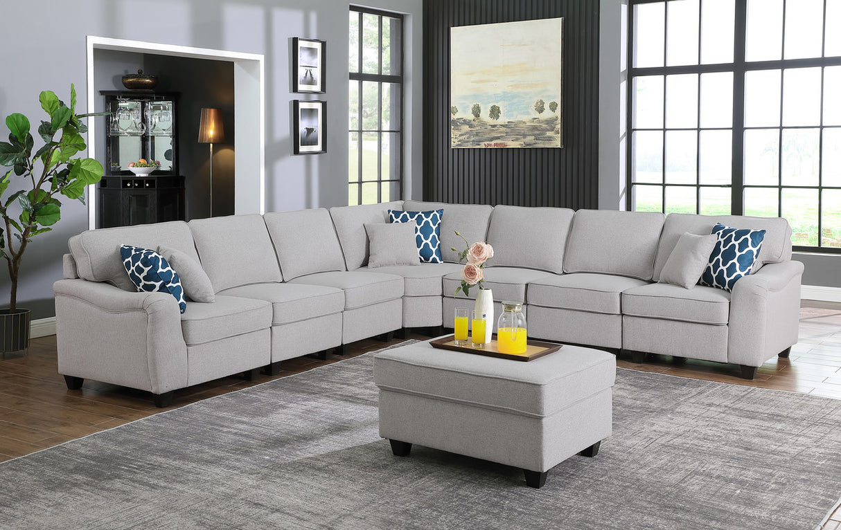Leo 125' Light Gray Linen 8Pc Modular L-Shape Sectional Sofa and Ottoman
