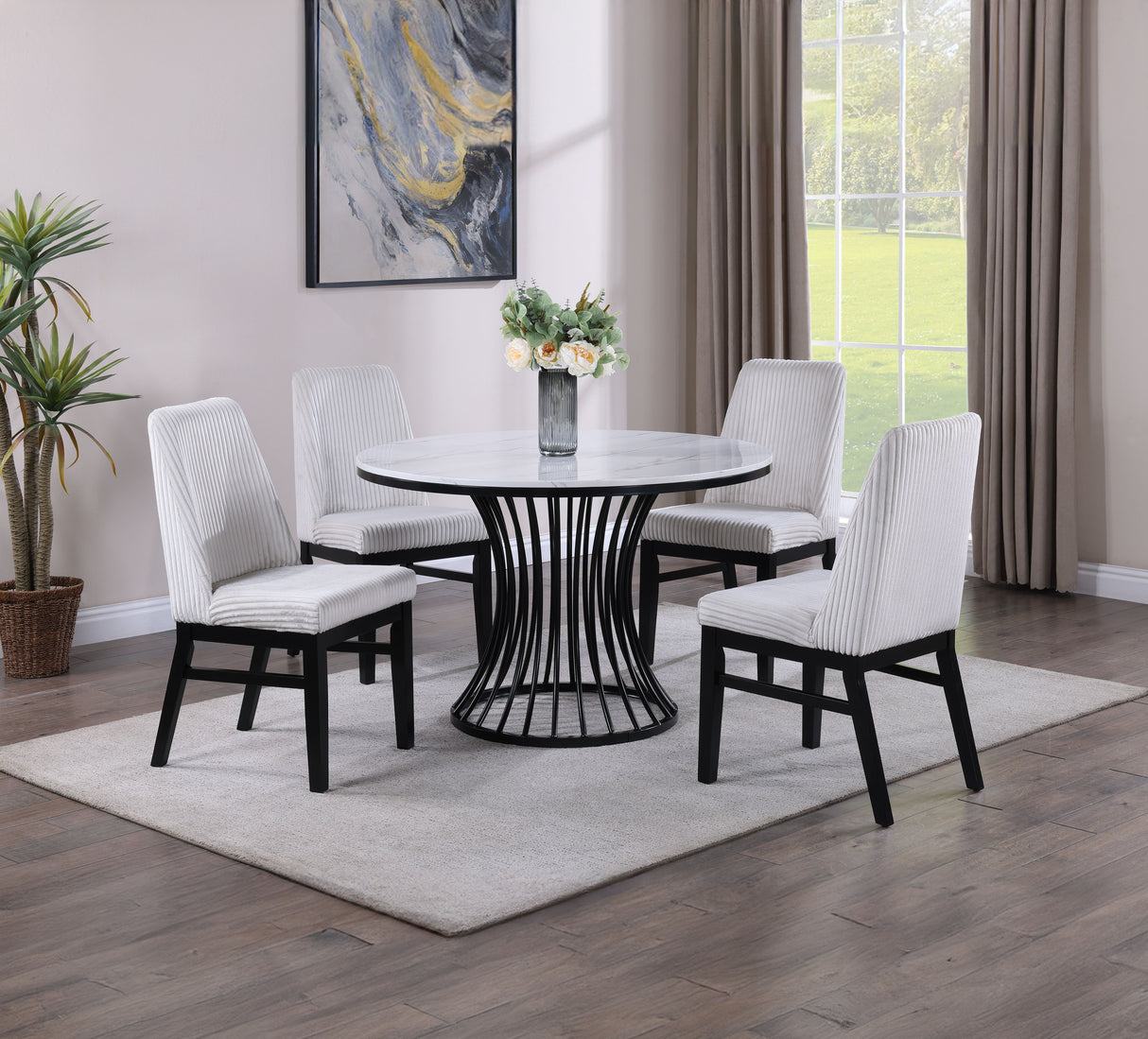 5pc Dining Set Contemporary Modern Style White Faux Marble Round Table Cage Like Base White Fabric Upholstery Dining Wooden Furniture Black Finish